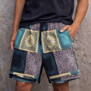 Triumph Tragedy 32 M Patchwork Festival Shorts Men's Cotton Boho Elastic Waist